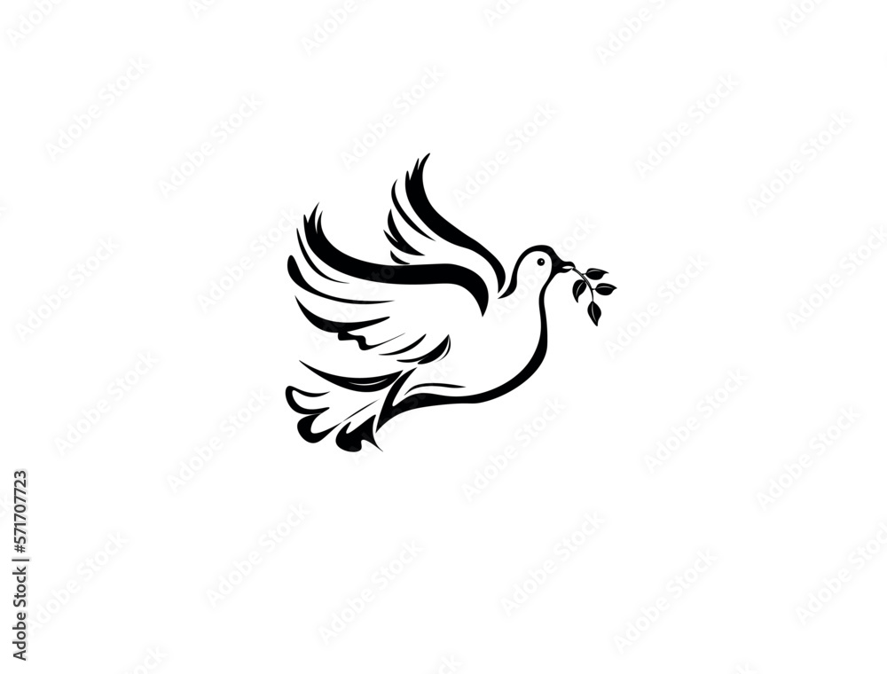 dove of peace. Silhouette of a flying dove with olive branch on a white