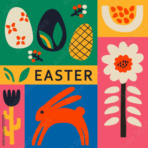 Vector Easter cards with  spring flower, egg, bunny and running rabbit - Happy Easter in the flat style hand drawn 
