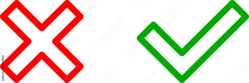 Yes and No or Right and Wrong or Approved and Declined Icons with Green Check Mark and Red X Sign. Vector Image. Yes and No or Right and Wrong or Approved and Declined Icons with Green Check Mark and Red X Sign. Vector Image.