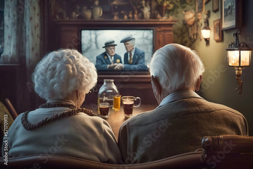 Person watching tv, Old senior couple sitting in front of an old television tube tv.  A thick style of tv before flat screen were invented.  Image created with generative ai photo