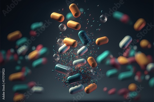3D Pille schwirren herum im Studio vor dunklem Hintergrund, Generative AI