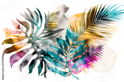 Generative AI, exotic leaves drawn in a watercolor style on a light background, monstera, palm tree in bright gradient colors.