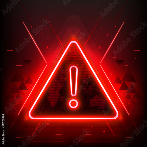 Attention Danger Hacking. Neon Symbol on Red Map Background. Security protection, Malware, Hack Attack, Data Breach Concept. System hacked error, Attacker alert sign computer virus. Ransomware. Vector