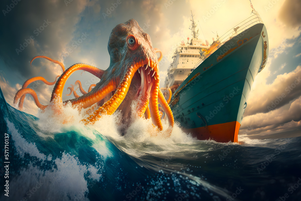 Huge angry grinning scary squid rising up attacks a modern liner ship in  the ocean sea. Generative AI Stock Illustration