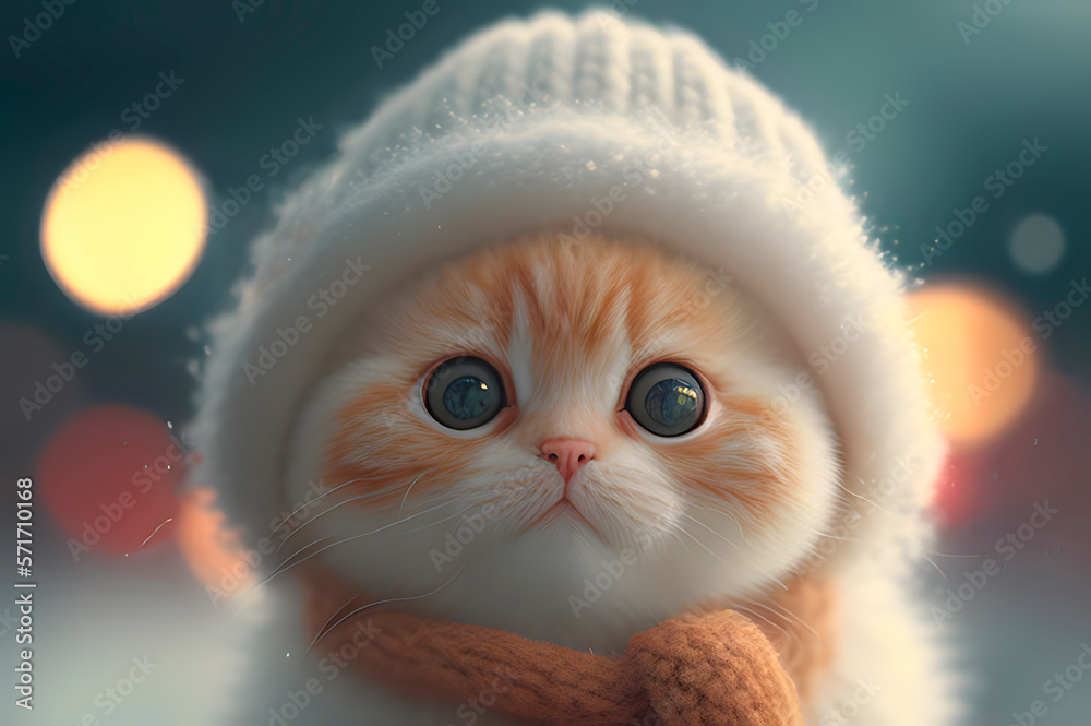 Generative AI, a cute kitten in a knitted hat on a winter day Generative AI, a cute kitten in a knitted hat on a winter day