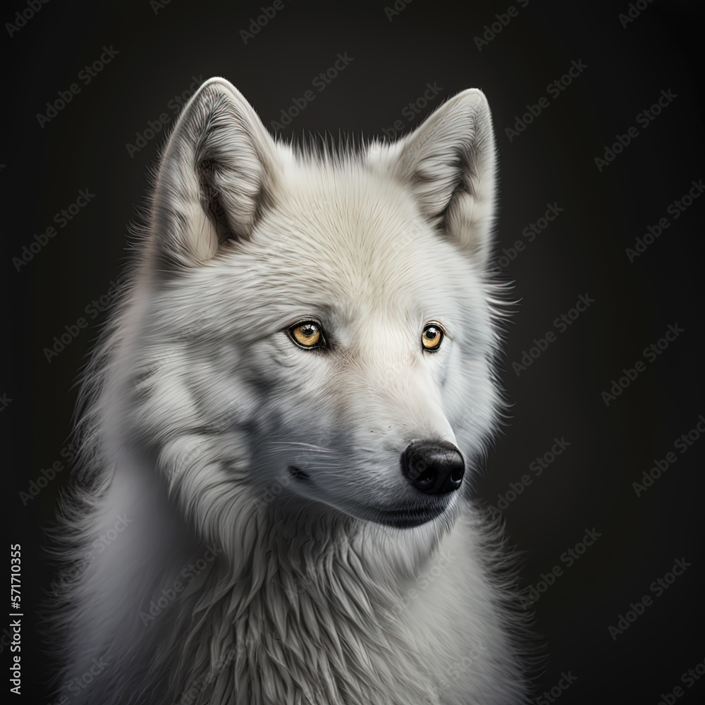 Generative AI. Arctic wolf (Canis lupus arctos), also known as the white wolf or polar wolf