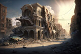 aftermath of an earthquake that has ended. The city is completely destroyed, apocalyptic art illustration 