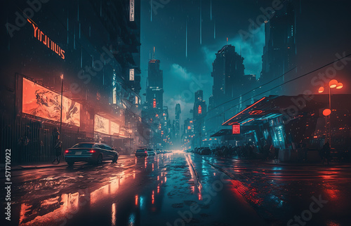 Futuristic city, empty street with neon lights, epic night cityscape, urban atmosphere