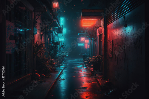 Dark alley, neon lights, cyberpunk atmosphere, Generative Ai