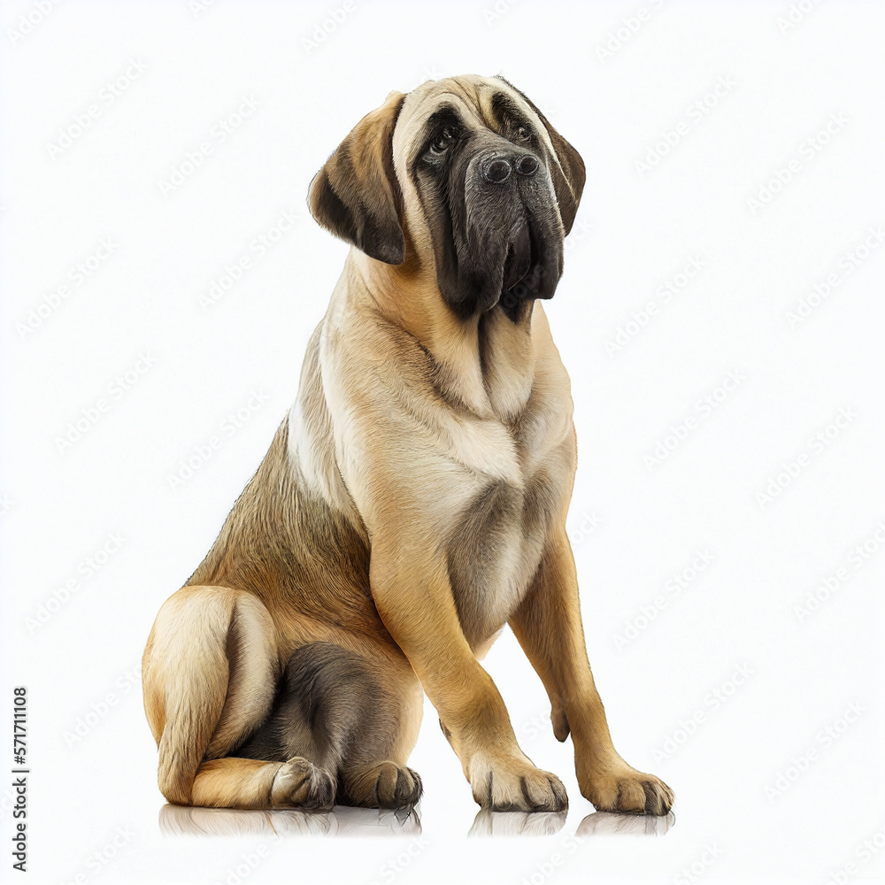 Giant dog english mastiff isolated on white close-up, beautiful pet