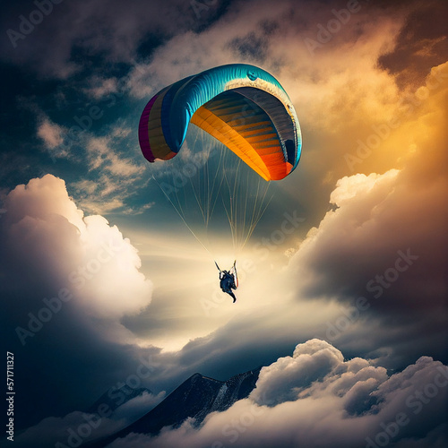 Man is flying in sky on paraglider high above clouds, concept of an active lifestyle, extreme sports, lovely wallpaper, original unusual background