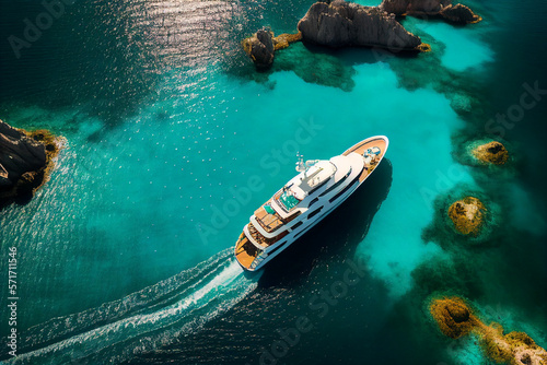Aerial view of luxury yacht in beach island paradise created with generative AI