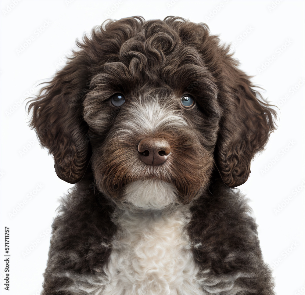 Cute nice dog breed spanish water dog isolated on white close-up, beautiful pet, fluffy curly dog
