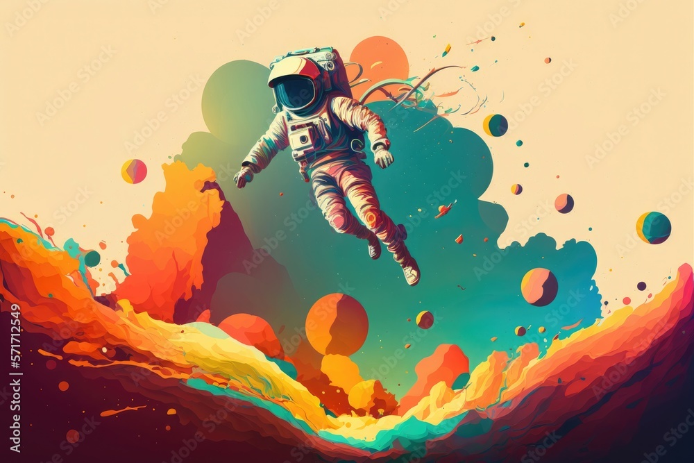 Zero gravity. Weightless wonder. Spaceman jumps at mars multicolor abstract background. Generative AI