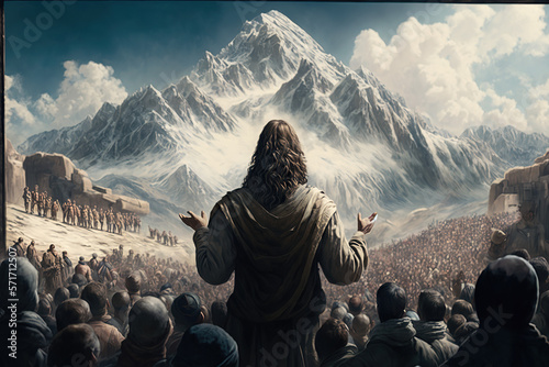 Jesus Teaching on top of the rock in the mountains, Sermon of the Mountain, Christ Teaching. 	
