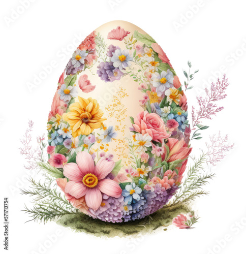 Painting of a easter egg with multiple colorful flowers. Generative AI