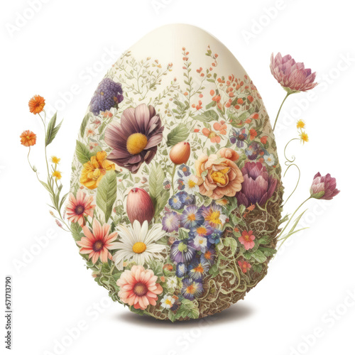 Painting of a easter egg with multiple colorful flowers. Generative AI