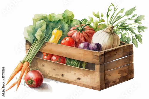 Watercolor painting of wooden box with colorful vegetables on white background. Generative AI. photo