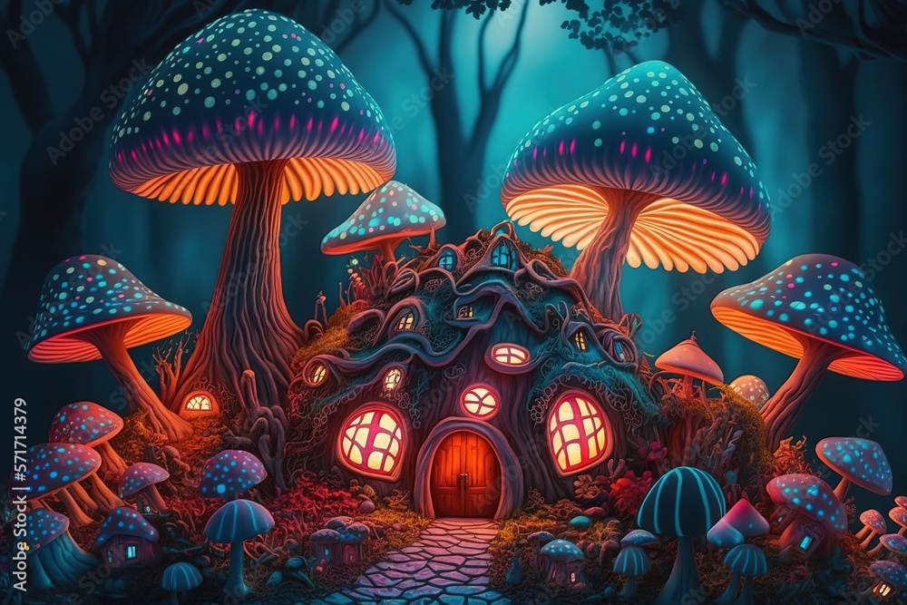 Fantasy forest environment with mushrooms, flowers, trees Fantasy forest environment with mushrooms, flowers, trees