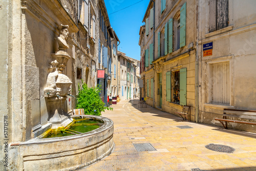 Fototapeta Naklejka Na Ścianę i Meble -  The Fountain of Nostradamus in the medieval old town of Saint-Remy-de-Provence, France, in the Provence Cote d'Azur region of Southern France.