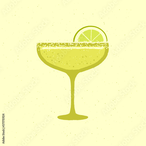 Margarita dessert glass. Cocktail drink with lime and salt. Tequila alcohol drink for event and celebration. Citrus drink for bar. Flat vector illustration with texture