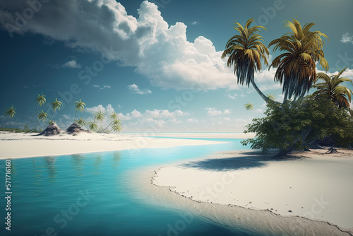 Paradise beach of white sand  turquoise waters and palm trees. Generative AI