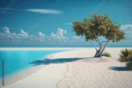 Paradise beach of white sand, turquoise waters and palm trees. Generative AI