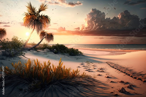 Paradise beach with palm trees at sunset. Generative AI