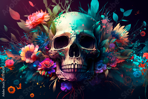 Calavera primaveral con motivos florales y muchos colores, cráneo de hueso con flores coloridas, generative ai.