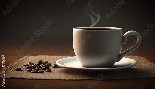 Close up of a white coffee mug filled with steaming hot coffee, with a pile of freshly roasted coffee beans beside it