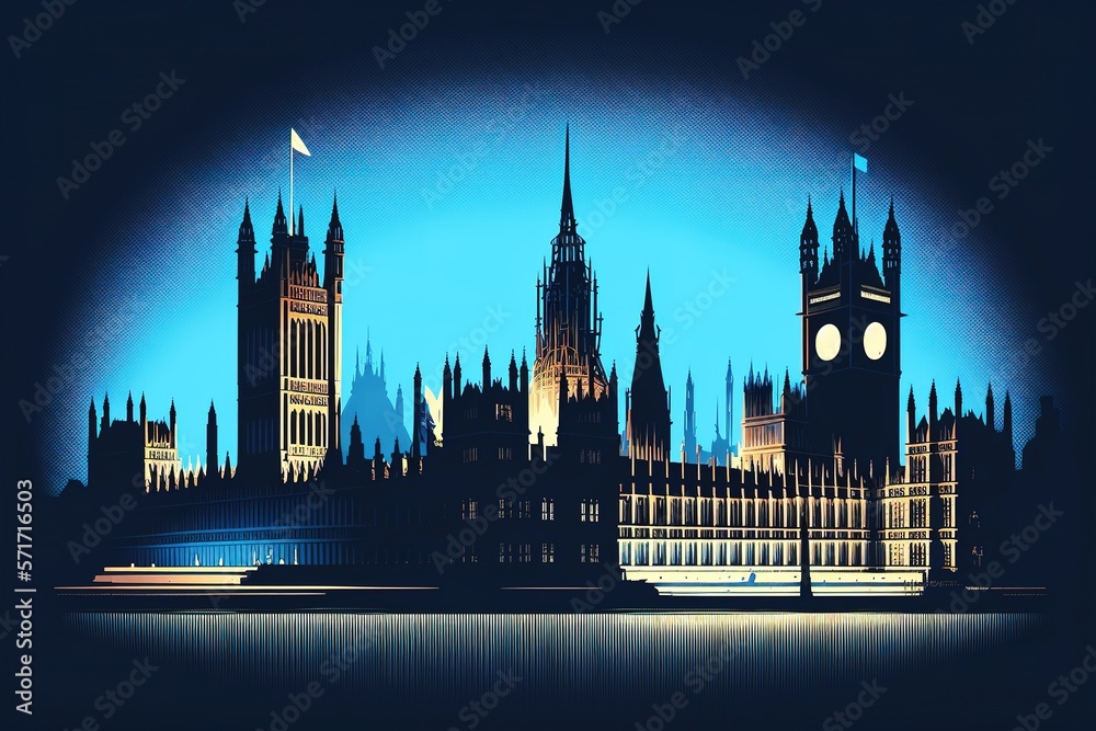 London landmark illustration of Palace of Westminster. Travel destination, famous place for vacations banner. Generative AI Illustration