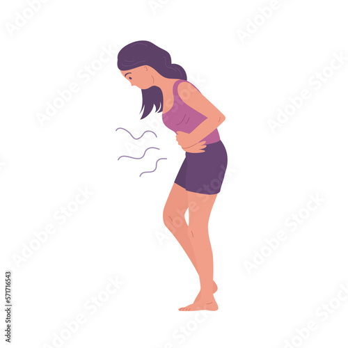 A young woman suffers from abdominal pain. Bent posture. Symptom of acute gastritis, diarrhea. Disease of the gastrointestinal tract. Flat vector illustration isolated on white background