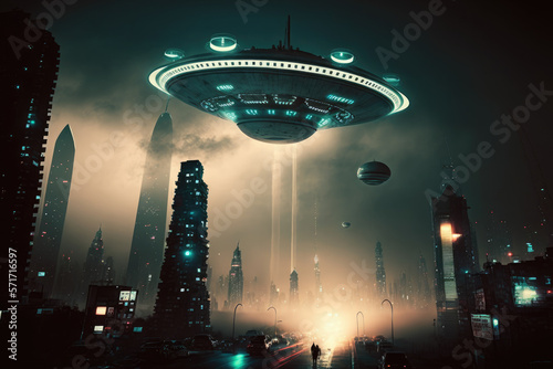 Aliens spaceship illustration. flying saucer flyinbg above futuristic city. genearative ai 