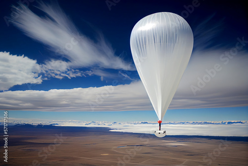 A large white weather balloon flying through a blue sky, Generative Ai photo