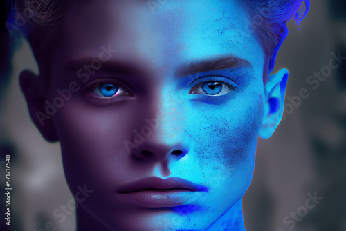 Handsome young blue-eyed man staring at camera, close up portrait. Generative AI painting