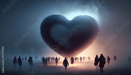   Hundreds of people walking towards a large Love Heart in the mist. Generative Ai.  