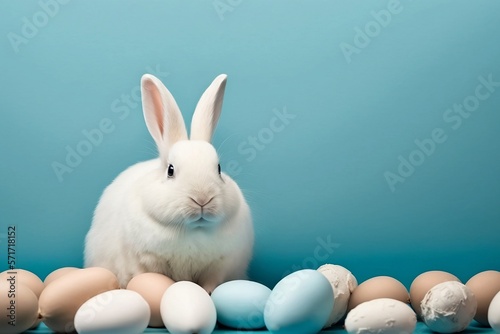 Easter bunny with eggs on blue background