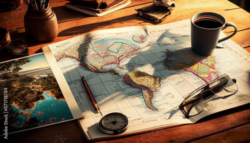Die Welt entdecken: Urlaubsplanung mit Karte und Kompass - Generative Ai photo