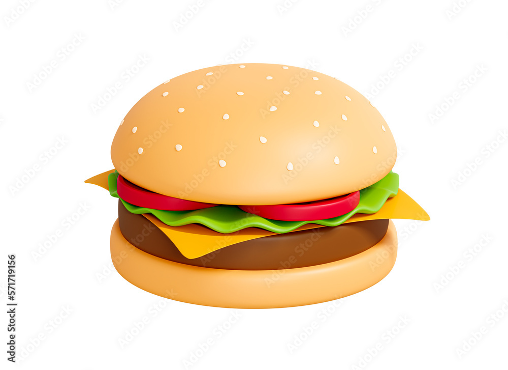 3D Hamburger with cheese, tomatoes, meat and salad. Street fast food concept. Tasty burger. Sandwich with beef and vegetables. Cartoon creative design icon isolated on white background. 3D Rendering 3D Hamburger with cheese, tomatoes, meat and salad. Street fast food concept. Tasty burger. Sandwich with beef and vegetables. Cartoon creative design icon isolated on white background. 3D Rendering
