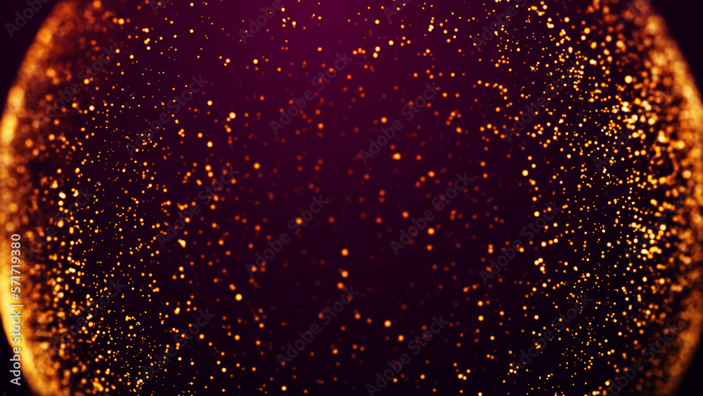 Golden red glow particles flicker and float in viscous liquid with amazing bokeh. Fantastic background. Gold magical sparkles of light form abstract structures. 3d render