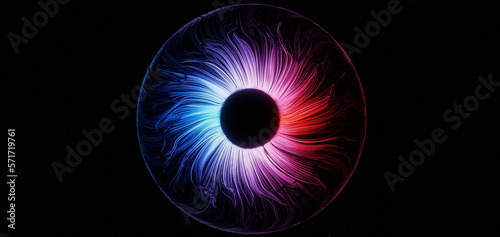 Close up illustration of colorful stylized glowing eye iris