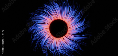 Close up illustration of stylized glowing blue and red iris