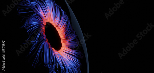 Close up illustration of stylized glowing blue and red iris