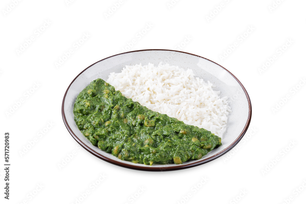 Spinach dahl with rice in a plate on a white isolated background Spinach dahl with rice in a plate on a white isolated background
