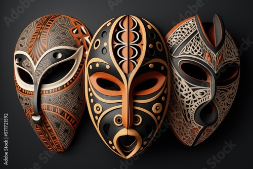 Wooden handmade Australian tribal masks in traditional patterns and colors, Asian American and Pacific Islander Heritage Month, created with generative ai photo