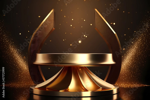 Product display presentation on luxury gold empty podium stand with shiny particles glamor to showcase stage advertising for cosmetics and beauty. Mockup golden showcase blank pedestal Generative AI