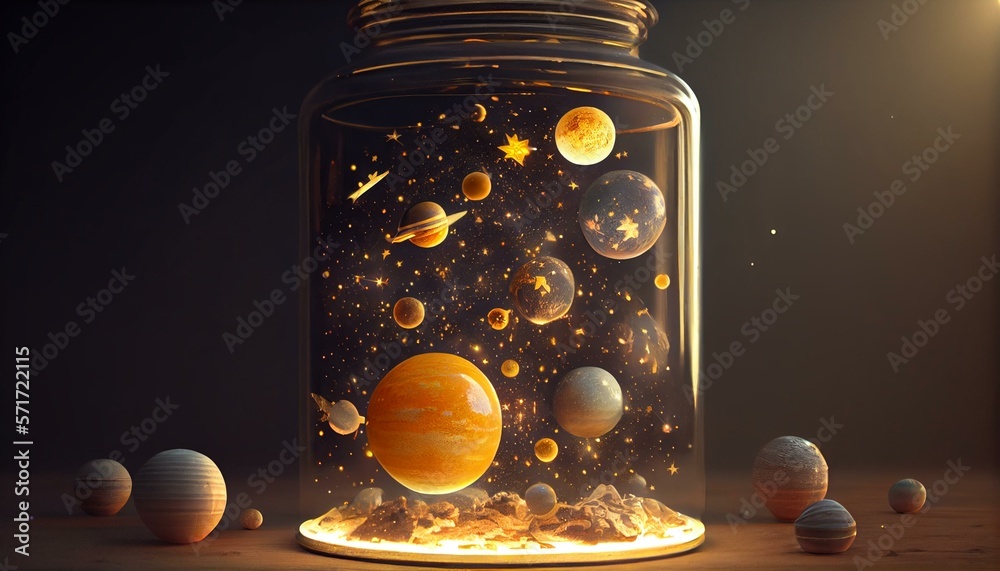 Solar system surrounded by stars stored in a glass jar, volumetric