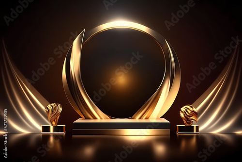 Product display presentation on luxury gold empty podium stand with shiny particles glamor to showcase stage advertising for cosmetics and beauty. Mockup golden showcase blank pedestal Generative AI