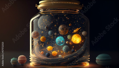 Solar system surrounded by stars stored in a glass jar, volumetric Light, VFX, insanely detailed and intricate, hypermaximalist, elegant, ornate, hyper realistic, super detailed AI Generated photo