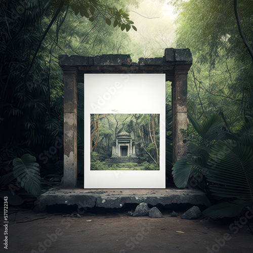 Fototapeta Naklejka Na Ścianę i Meble -  Blank mockup of poster billboard on an ancient temple hidden deep in a thick jungle AI generation.